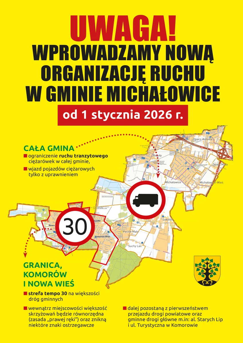 Zmiana organizacji ruchu w gminie Michałowice. Mapa gminy Michałowice z zaznaczonymi nowymi zasadami organizacji ruchu od 1 stycznia 2026 roku, kolorowe piktogramy znaków zakazu wjazdu dla ciężarówek i ograniczenia prędkości do 30 km/h, duży napis informacyjny, herb gminy.