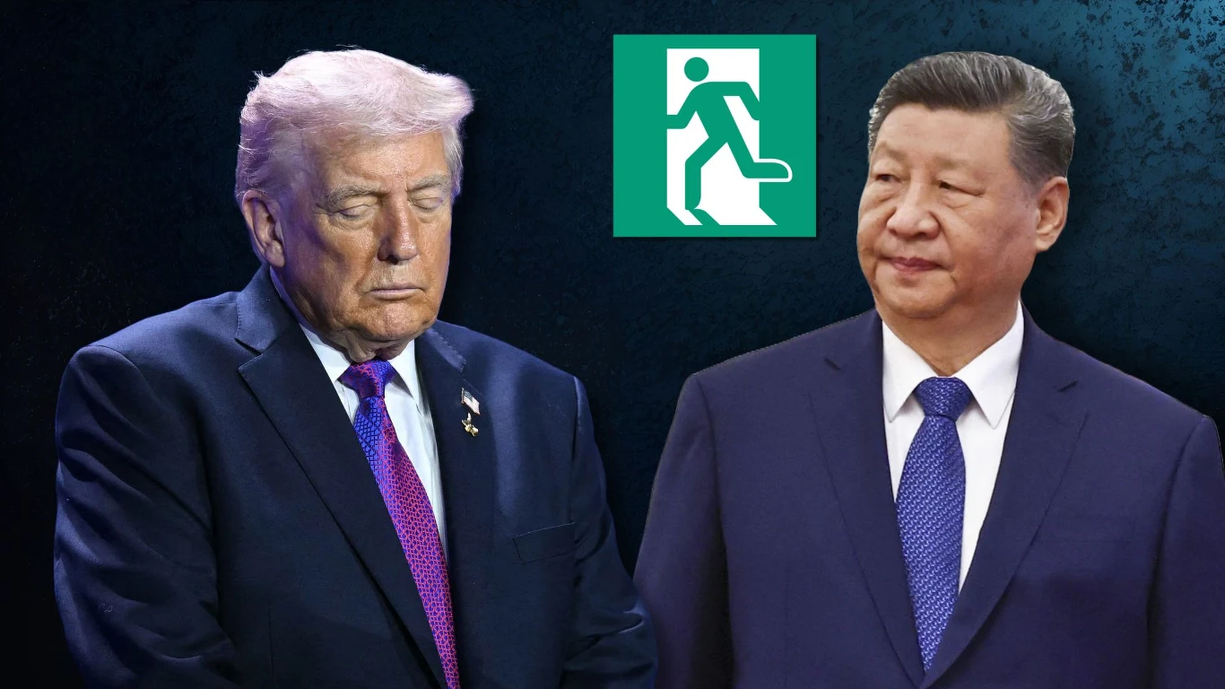 Chiński przywódca Xi Jinping proponuje sojusznikom Donalda Trumpa "wyjście awaryjne" Dwóch mężczyzn w garniturach stoi obok siebie na ciemnym tle, między nimi widoczny zielony symbol wyjścia ewakuacyjnego.