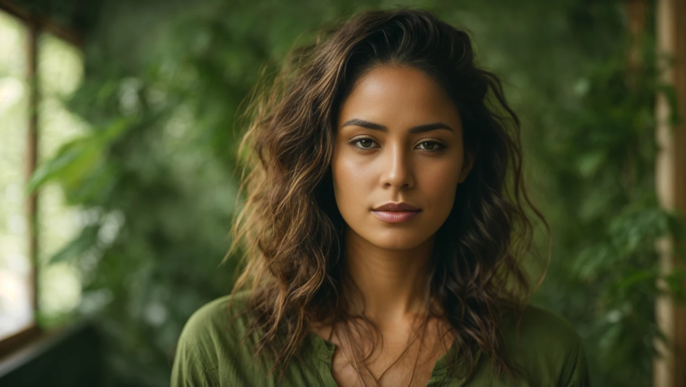 Młoda kobieta o brązowych, falowanych włosach i spokojnym wyrazie twarzy stojąca na tle zielonej roślinności, ubrana w zieloną bluzkę, o naturalnym, delikatnym makijażu.