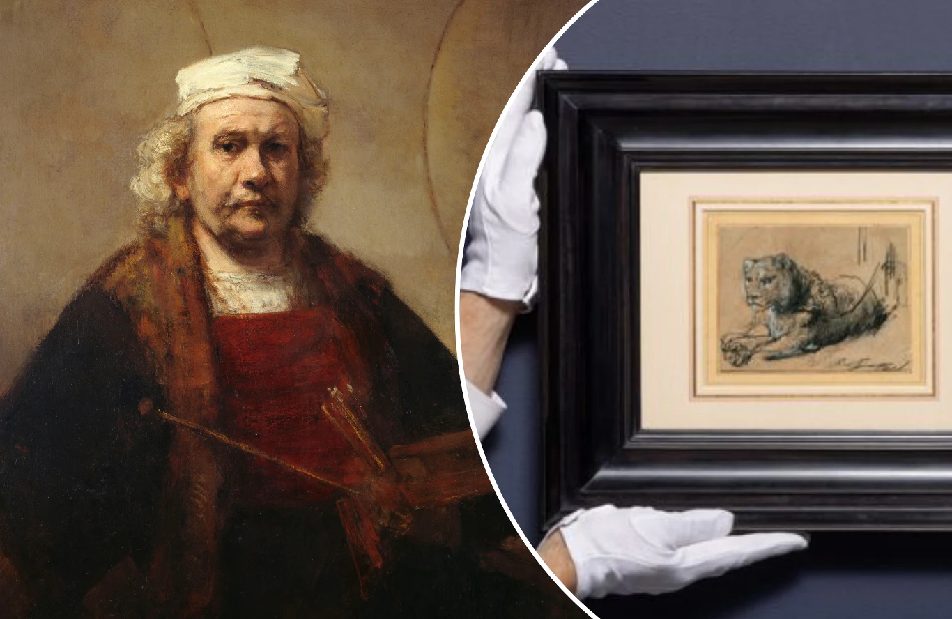 Po lewej stronie obraz przedstawiający autoportret starszego mężczyzny z białą opaską na głowie, ubrany w ciemne ubrania z czerwonym akcentem. Po prawej stronie dłonie w białych rękawiczkach trzymają oprawiony szkic przedstawiający leżącego lwa.