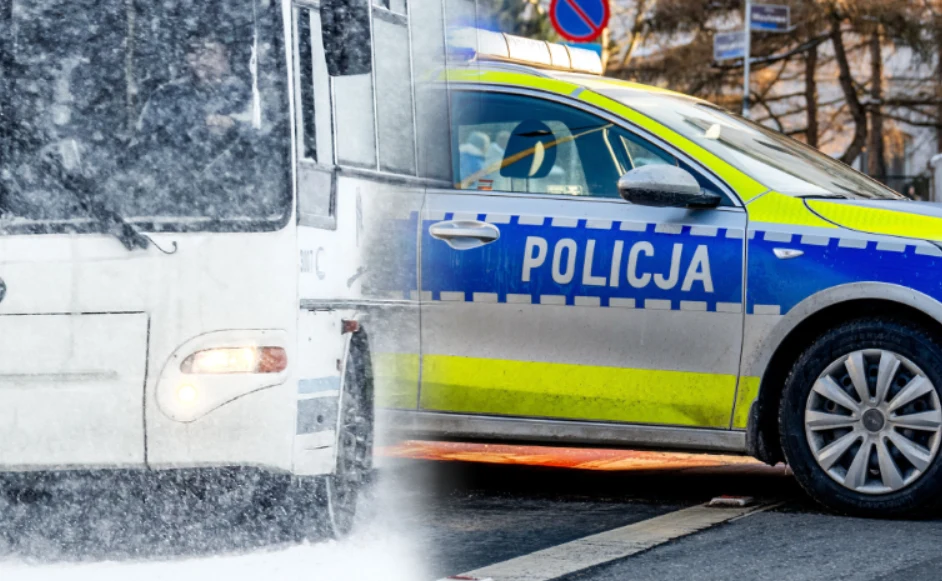 Kierowca autobusu zatrzymany przez policję z Piaseczna. Driftował na drodze Radiowóz policyjny w niebiesko-żółtych barwach stoi przy drodze, obok widoczny autobus w czasie obfitych opadów śniegu, co sugeruje trudne warunki drogowe.