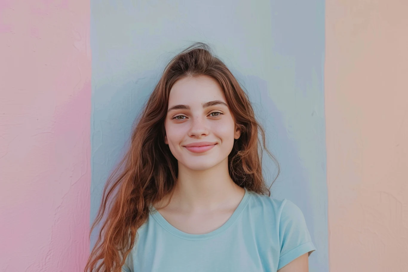 Delikatne i nowoczesne. Siedem trzyliterowych imion dla dziewczynek Uśmiechnięta młoda kobieta o długich, brązowych włosach, ubrana w jasnoniebieską koszulkę, stoi na tle pastelowej, wielokolorowej ściany z różowymi, błękitnymi i jasnofioletowymi pasami.