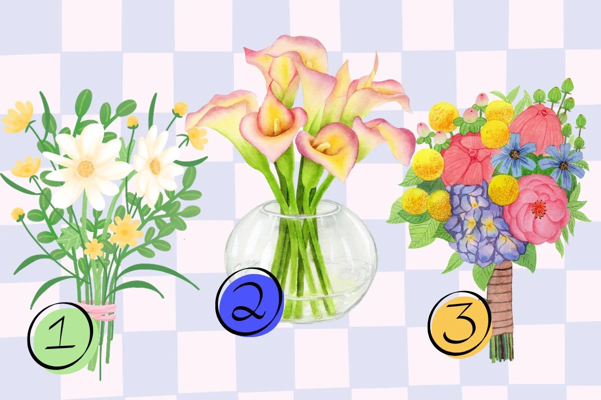 Trzy różne bukiety kwiatów, każdy oznaczony innym numerem. Po lewej kompozycja z białych stokrotek i żółtych drobnych kwiatów, po środku bukiet różowych kalii w szklanym wazonie, po prawej kolorowy bukiet z różnych kwiatów, w tym żółte kuleczki i niebi...