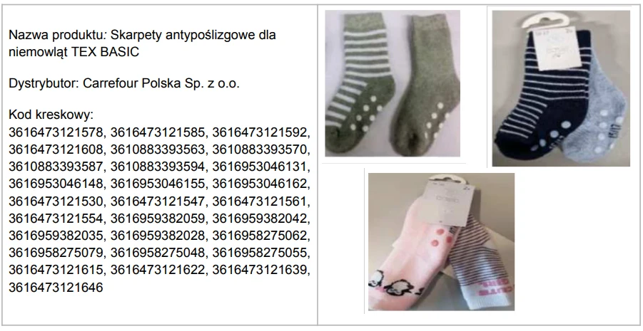 Różne wzory i kolory skarpetek antypoślizgowych dla niemowląt z metkami, obok tabela z nazwą produktu, dystrybutorem oraz szczegółową listą kodów kreskowych.