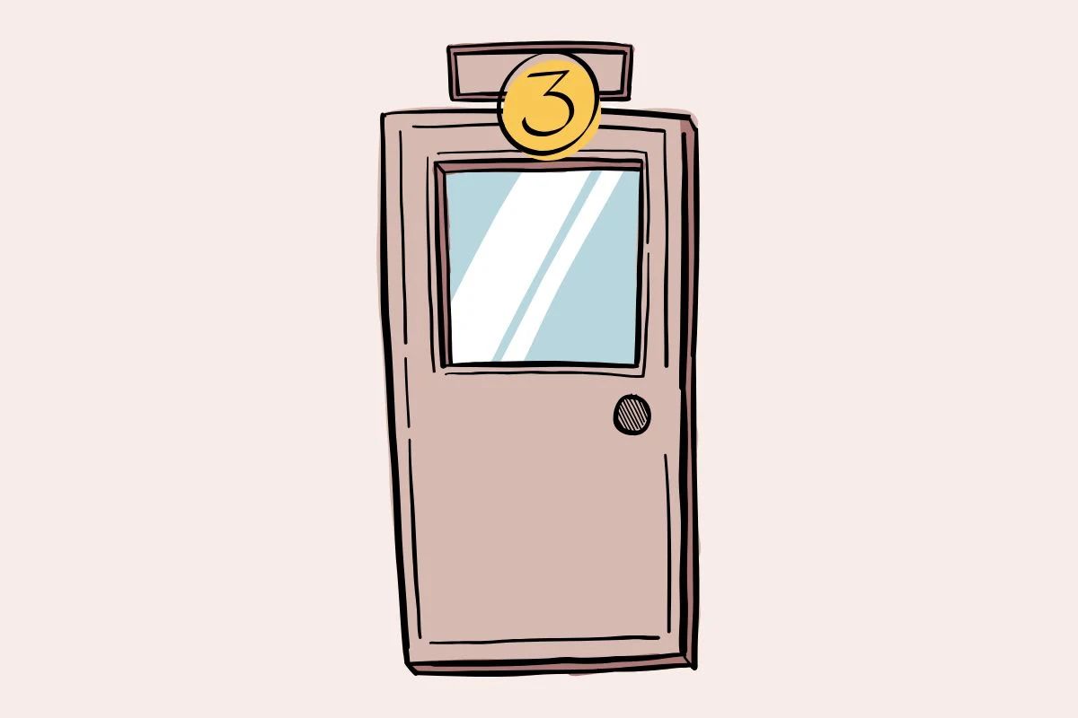 Drzwi z oknem i żółtym okrągłym numerem 3 nad framugą, całość przedstawiona w formie rysunkowej.