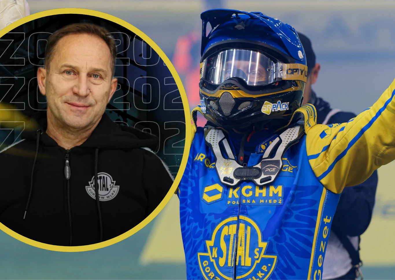 Stal Gorzów długo to ukrywała. Ma nowego trenera od 15 stycznia. Jest nim Piotr Paluch. Połączenie zdjęcia osoby w bluzie z logo drużyny Stal oraz sportowca w stroju i kasku żużlowym w barwach żółto-niebieskich, z podniesioną ręką w geście triumfu.