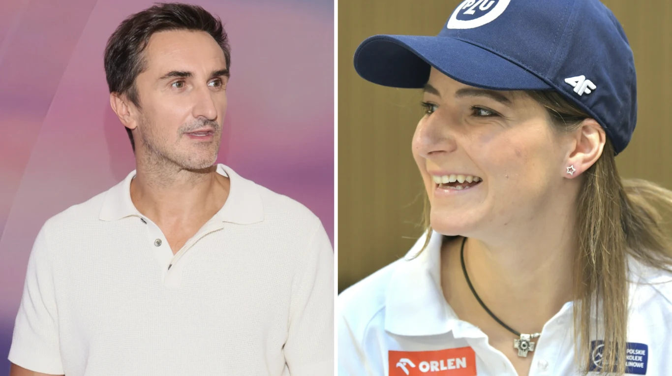 Sebastian Karpiel-Bułecka jest ojcem chrzestnym Maryny Gąsienicy-Daniel Dwie osoby w kadrze podzielonym na pół, po lewej stronie mężczyzna w białej koszulce polo patrzy na bok, po prawej młoda kobieta w sportowej czapce i białym stroju z logotypami, uśmiechnięta, patrzy w prawo.