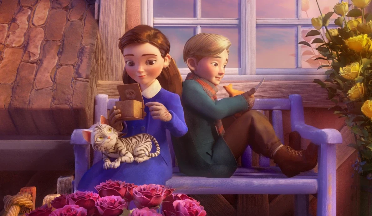 Dwoje dzieci siedzi na drewnianej ławce przy oknie, dziewczynka czyta list i głaszcze kota, chłopiec opiera się o nią trzymając nożyczki. Otaczają ich różnokolorowe kwiaty.