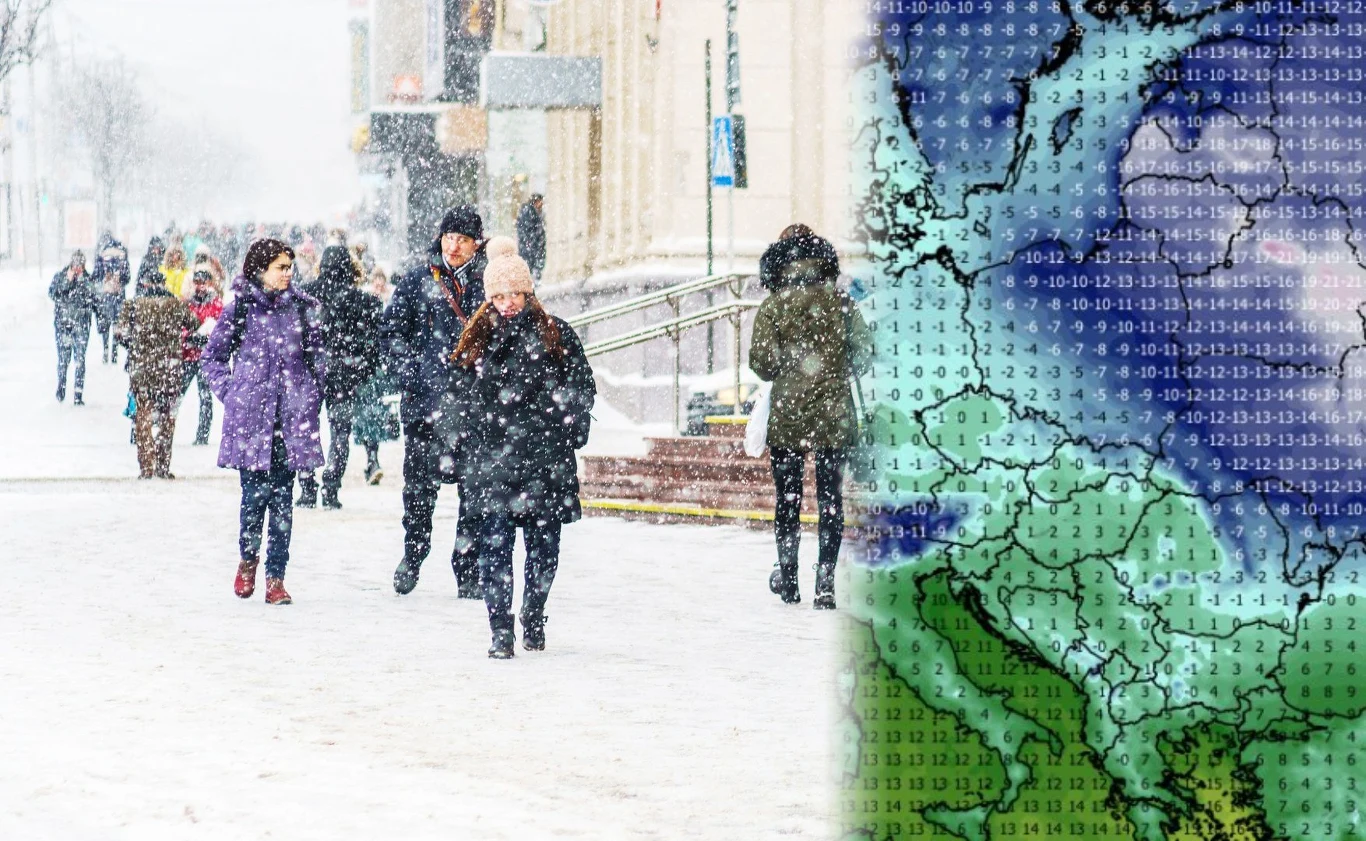 Ludzie idący ulicą w śnieżny dzień w centrum miasta, ubrani w zimowe kurtki, w tle widać zabudowania miejskie, po prawej stronie częściowo widoczna mapa pogodowa Europy z zaznaczonymi strefami temperatury.