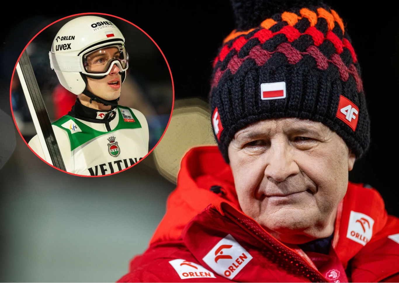 Starszy mężczyzna w czerwonej kurtce zimowej oraz czapce z polską flagą i logo firmy, na pierwszym planie, po lewej stronie w okrągłej ramce młody skoczek narciarski w kasku z nartami na ramieniu.