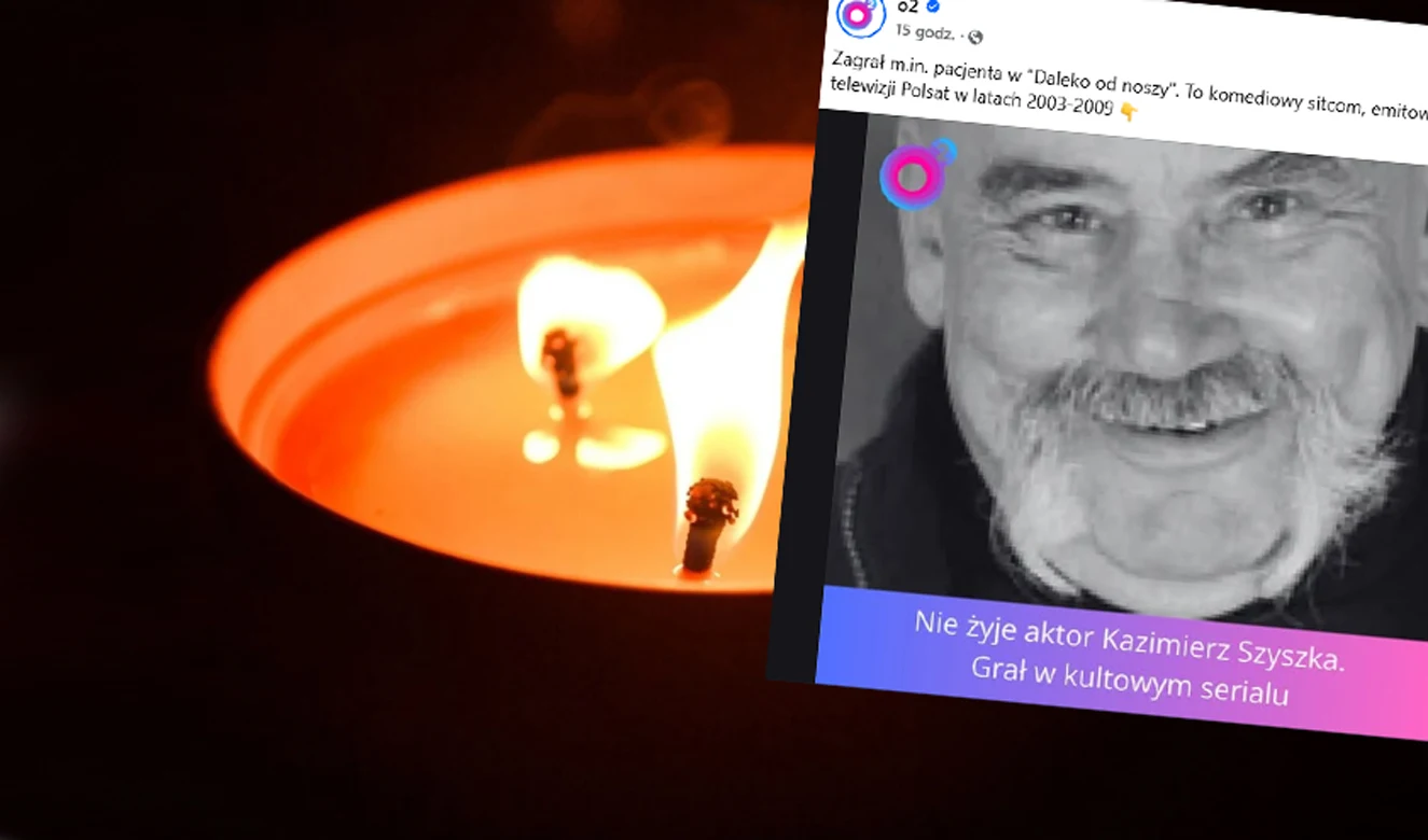 Paląca się świeca oraz zdjęcie starszego mężczyzny z podpisem informującym o jego śmierci. Tło utrzymane w tonacji żałobnej, w centralnej części kompozycji dominują smutna wiadomość oraz symbol pamięci.