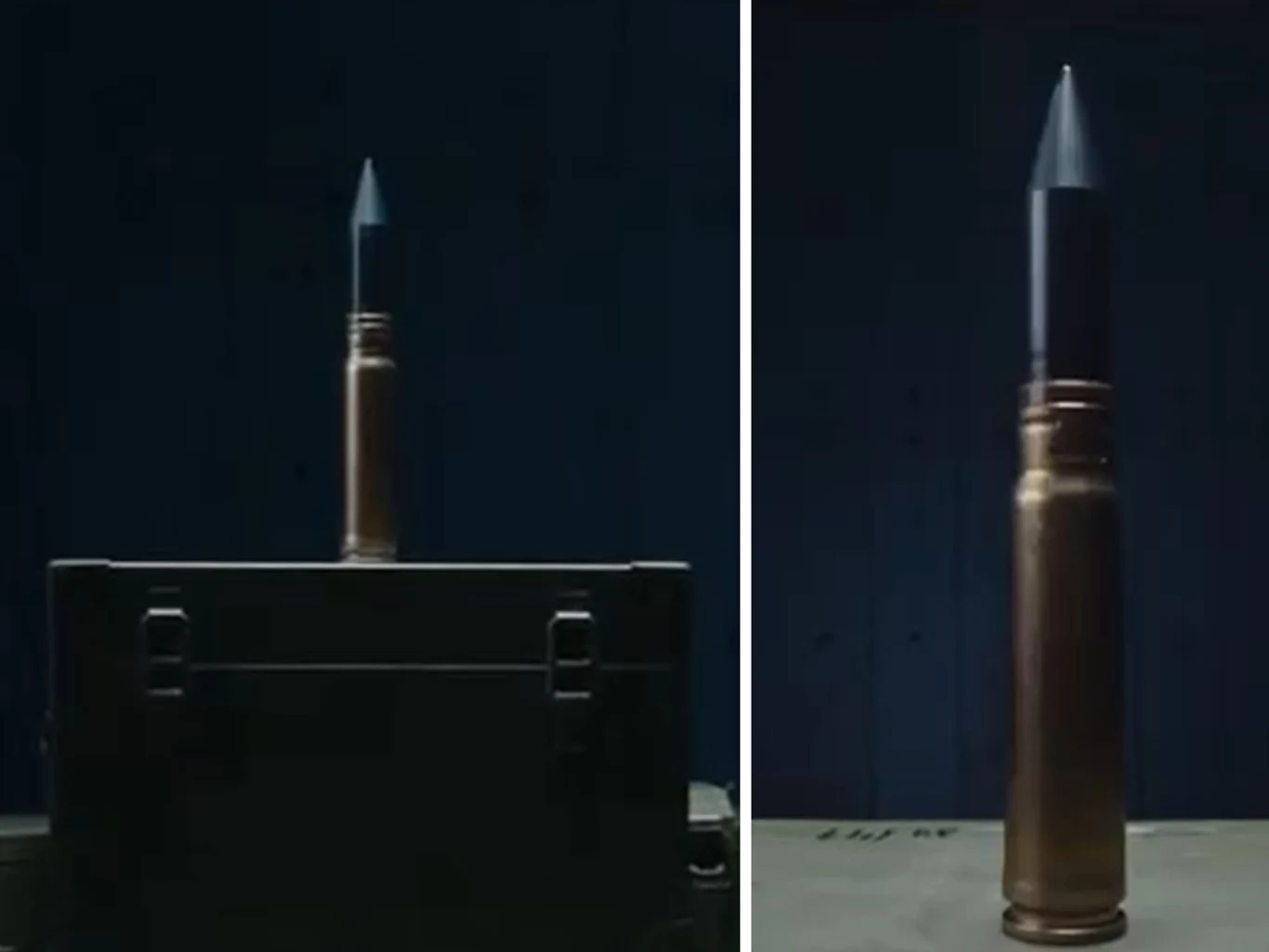 Nowa era rosyjskiej obrony przeciwko dronom. Rostec ujawnia programowalny pocisk 30 mm Duży pocisk balistyczny ustawiony pionowo na zamkniętej skrzyni, tło ciemne i minimalistyczne, podkreślające metaliczne elementy i kształt amunicji.