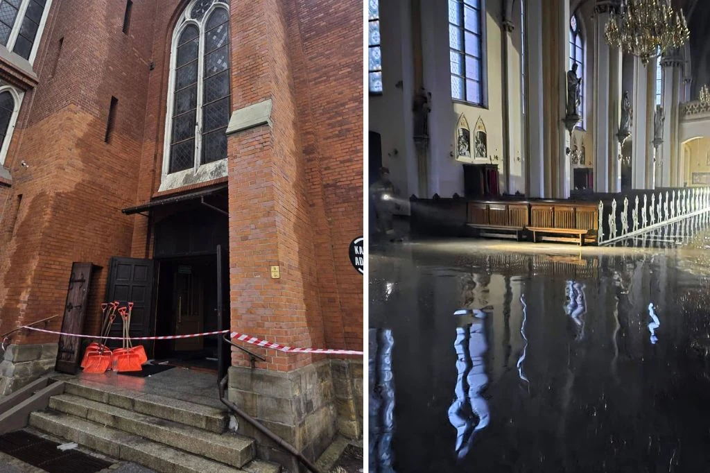 Kościół z widocznymi śladami zalania na zewnętrznej ścianie i zamkniętym wejściem zabezpieczonym taśmą. Wnętrze świątyni z odbiciem zalanych wodą podłóg, refleksy światła w lustrze wody, brak osób.