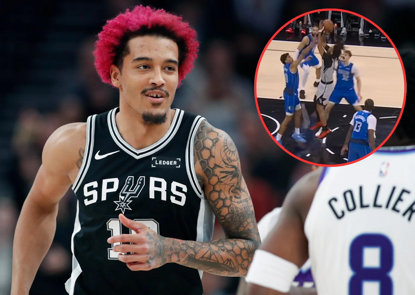 Jeremy Sochan wraca po przerwie, a jego kolega notuje historyczny występ Koszykarz drużyny San Antonio Spurs w czarnej koszulce z numerem 10 i różowymi włosami biegnie po boisku. W tle widoczny inny zawodnik z numerem 8 na plecach. W górnym rogu znajduje się wstawka z fragmentem dynamicznej akcji koszykarskiej, gdzie kilku ...