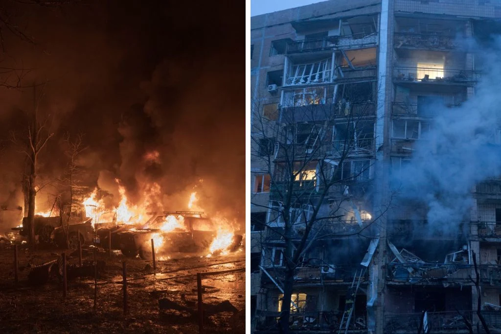 Skutki rosyjskich uderzeń w różnych regionach Ukrainy Płonące budynki oraz zniszczona, zadymiona fasada wieżowca po drugiej stronie kadru, pora dnia zmierzch, w oknach widoczne światła, fasada pokryta śladami pożaru i zniszczeń.