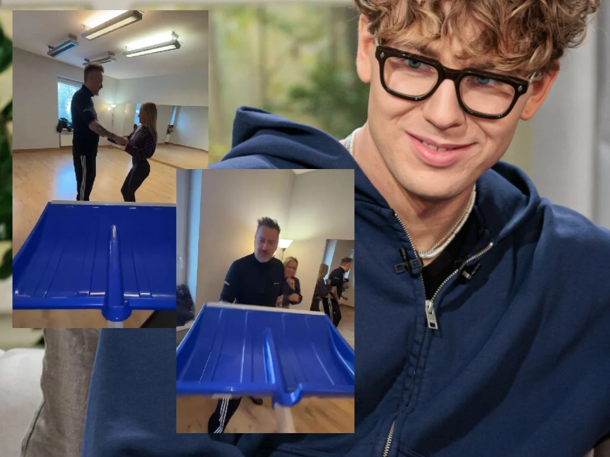 Młody mężczyzna w okularach i niebieskiej bluzie z kapturem uśmiecha się, w tle kolaż z salą taneczną, w której widoczna jest para tańcząca oraz zdjęcie niebieskiej tacy.