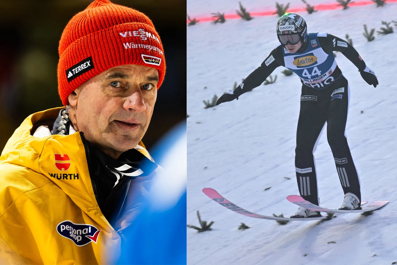 Po lewej stronie widoczny mężczyzna w żółtej kurtce z logotypami, czerwonej czapce i sportowym szaliku, patrzący w stronę obiektywu. Po prawej skoczek narciarski w locie podczas zawodów na śnieżnej skoczni, ubrany w kombinezon sportowy i kask, z widocz...