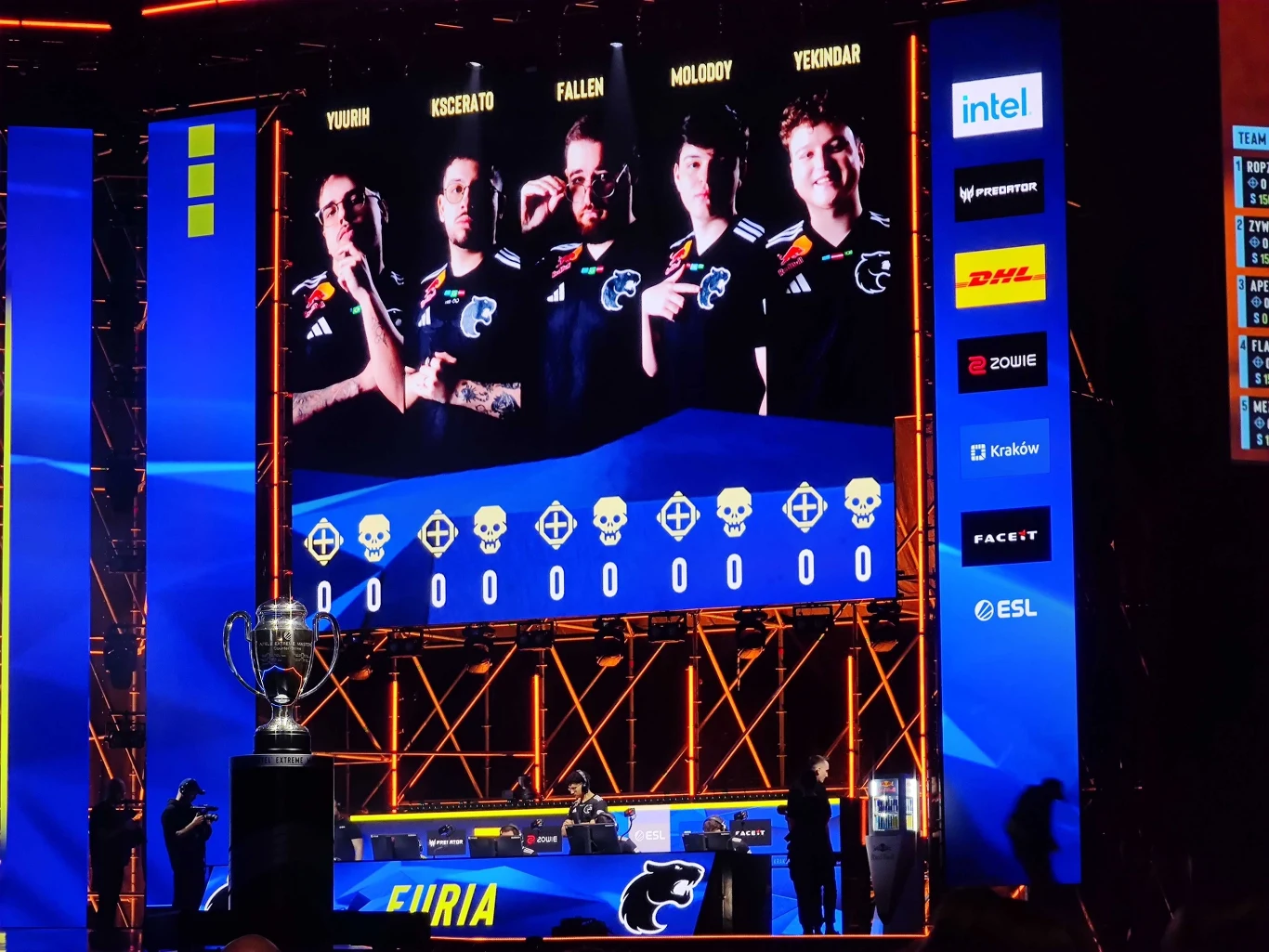 Zespół e-sportowy prezentowany na dużym ekranie na scenie wydarzenia, pięciu zawodników w jednakowych strojach, logo drużyny FURIA, elementy sceniczne oraz widoczny puchar na pierwszym planie, tło z niebieską kolorystyką i logotypami sponsorów.