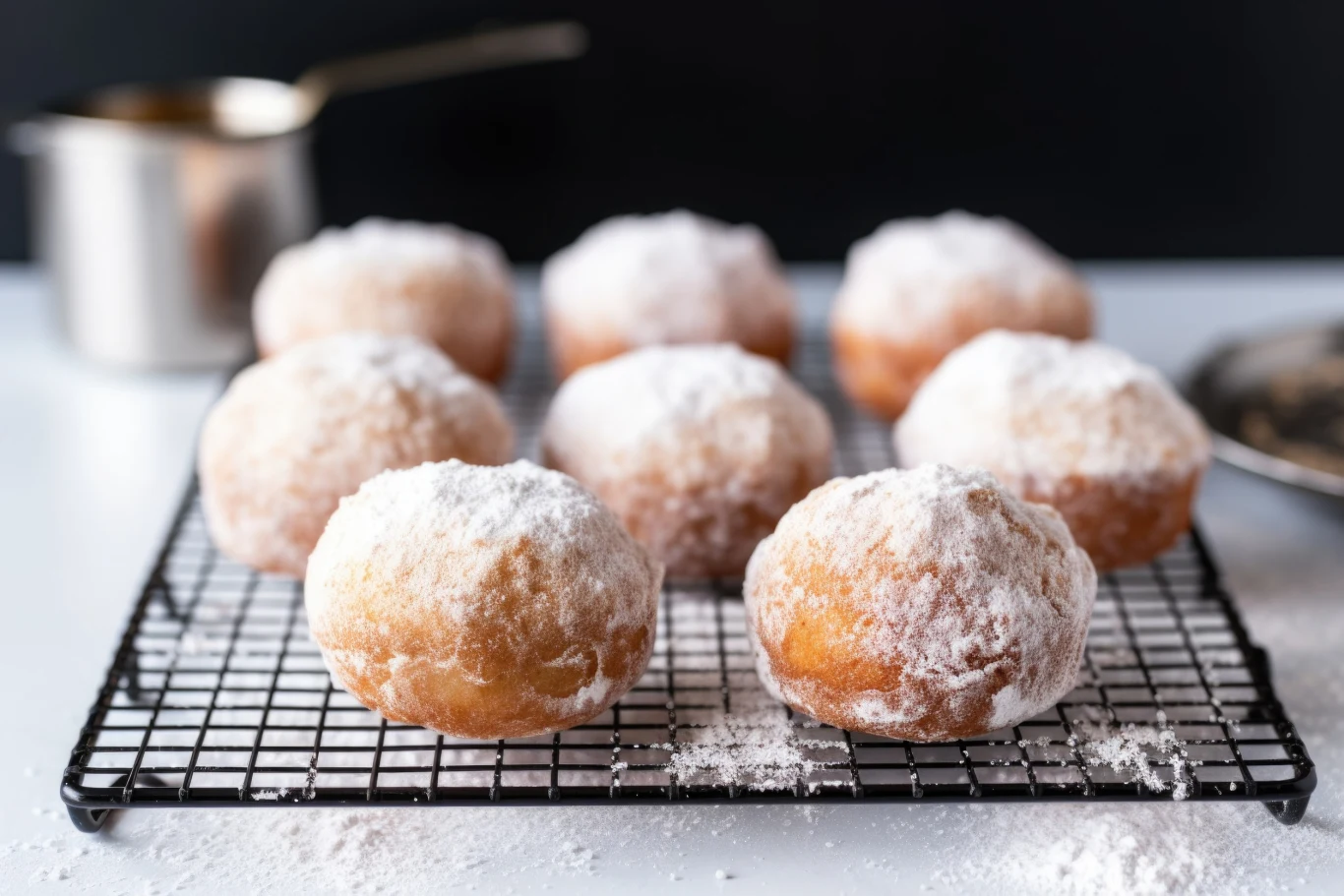 Pączki Osiem pączków posypanych obficie cukrem pudrem ustawionych na metalowej kratce do studzenia, w tle rozmazane elementy kuchni.