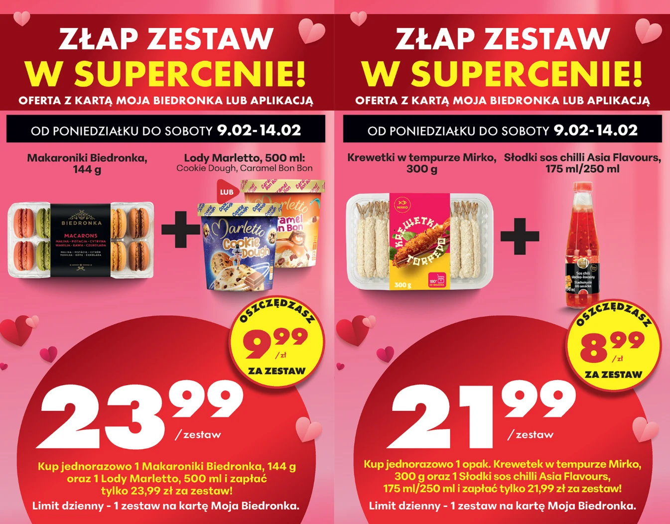 Zestawy w supercenie w Biedronce – makaroniki z lodami oraz krewetki z sosem chili. Oferta ważna do 14 lutego z kartą Moja Biedronka.