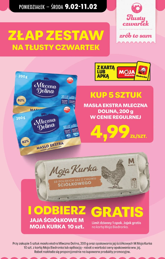 Promocja na masło Mleczna Dolina i darmowe jajka Moja Kurka w Biedronce – zestaw na Tłusty Czwartek do 11 lutego z kartą Moja Biedronka.