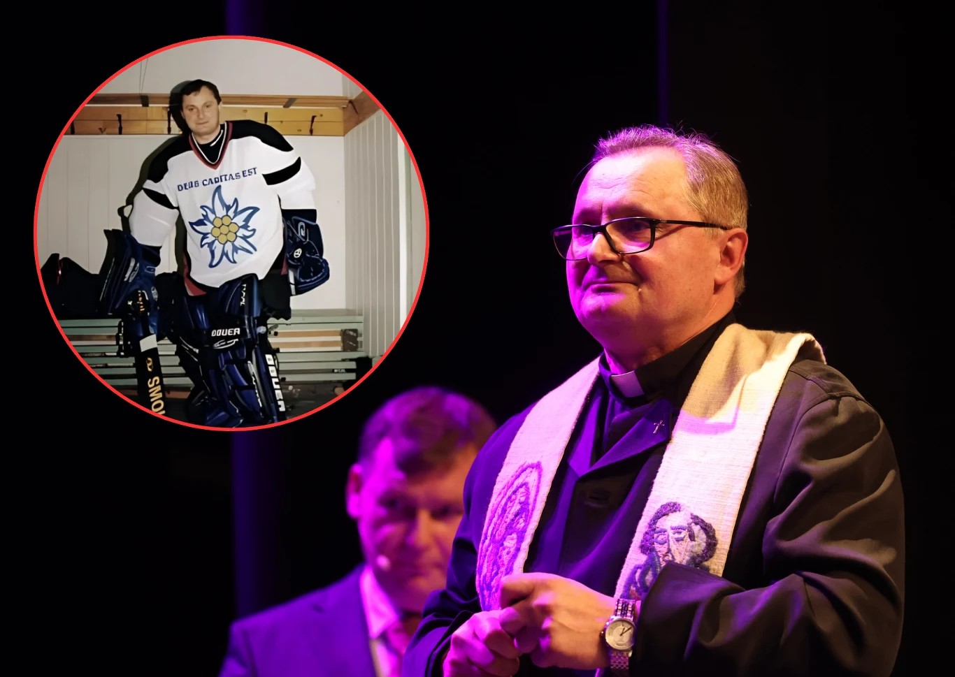 Dziś jest księdzem. Lata temu walczył z reprezentacją Polski o medal IO. Niezwykła historia Pawła Łukaszki Kapłan ubrany w szaty liturgiczne stoi na scenie, w tle widoczny inny mężczyzna w garniturze, a w lewym górnym rogu umieszczono w okręgu zdjęcie mężczyzny w stroju bramkarza hokejowego.