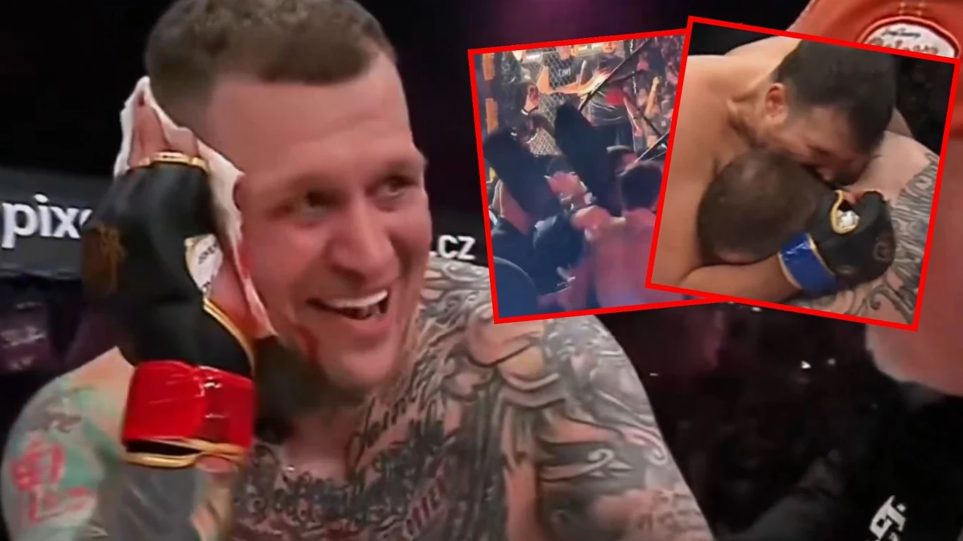Skandal podczas Clash MMA Uśmiechnięty bokser z tatuażami trzyma okład z lodem przy twarzy, w tle widoczne powiększenie fragmentu walki, podczas której zawodnicy są objęci w sportowym uścisku.