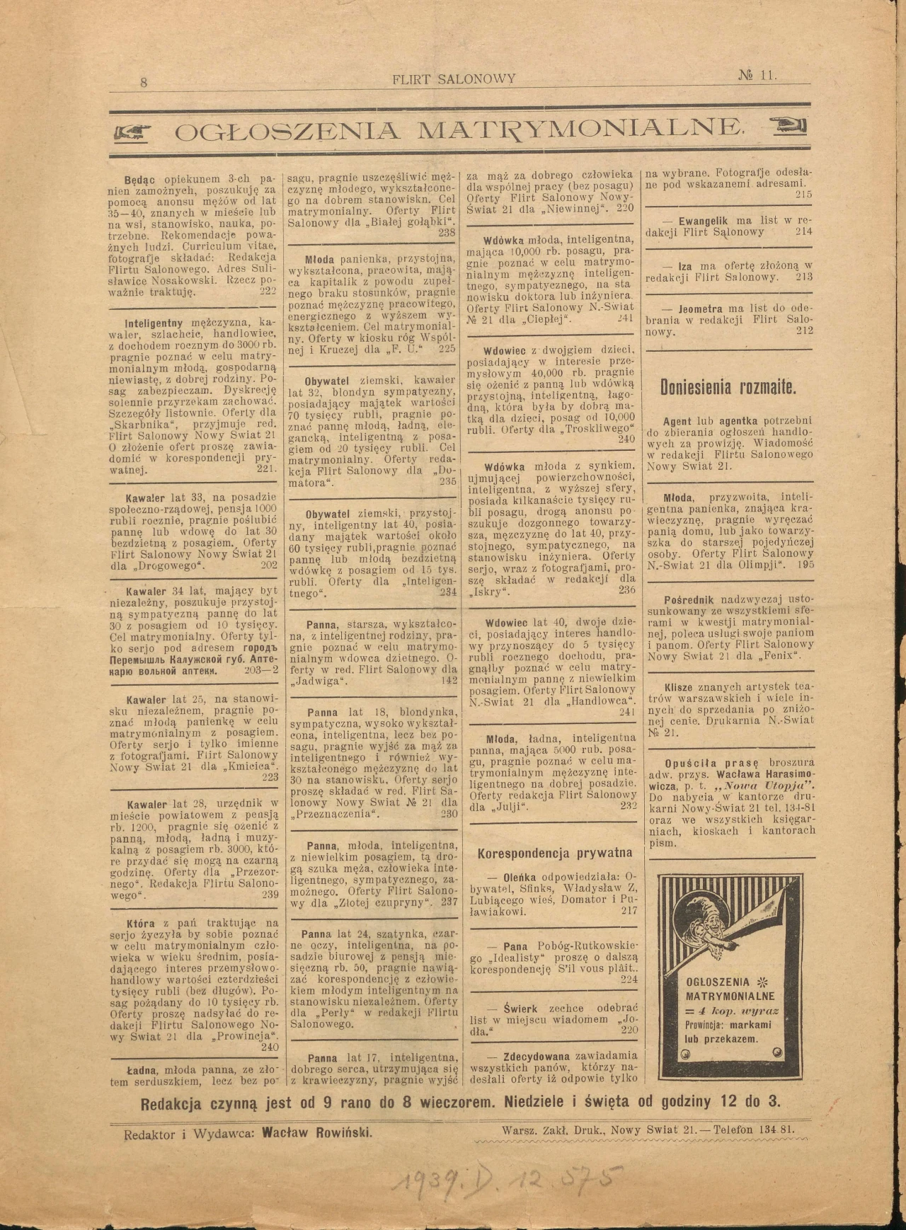 Strona gazety wypełniona ogłoszeniami matrymonialnymi, podzielona na kolumny, z indywidualnymi ogłoszeniami dotyczącymi poszukiwań partnera życiowego oraz krótkimi informacjami na marginesie i reklamą w dolnej części strony.