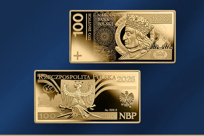Złote monety kolekcjonerskie o nominale 100 złotych z wizerunkiem króla oraz godła Polski, symbole narodowe i napisy informacyjne, tło w odcieniu granatu.