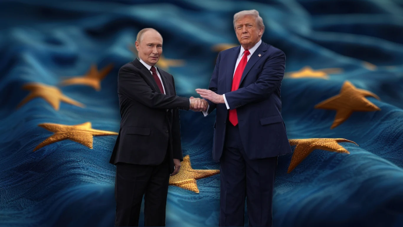 Wielcy przestają obchodzić się zasadami. Unia Europejska musi zareagować, bo może być za późno. Na zdjęciu: Władimir Putin i Donald Trump Dwóch polityków, Władimir Putin i Donald Trump, podają sobie ręce na tle rozmytej flagi Unii Europejskiej z widocznymi złotymi gwiazdami na granatowym tle.