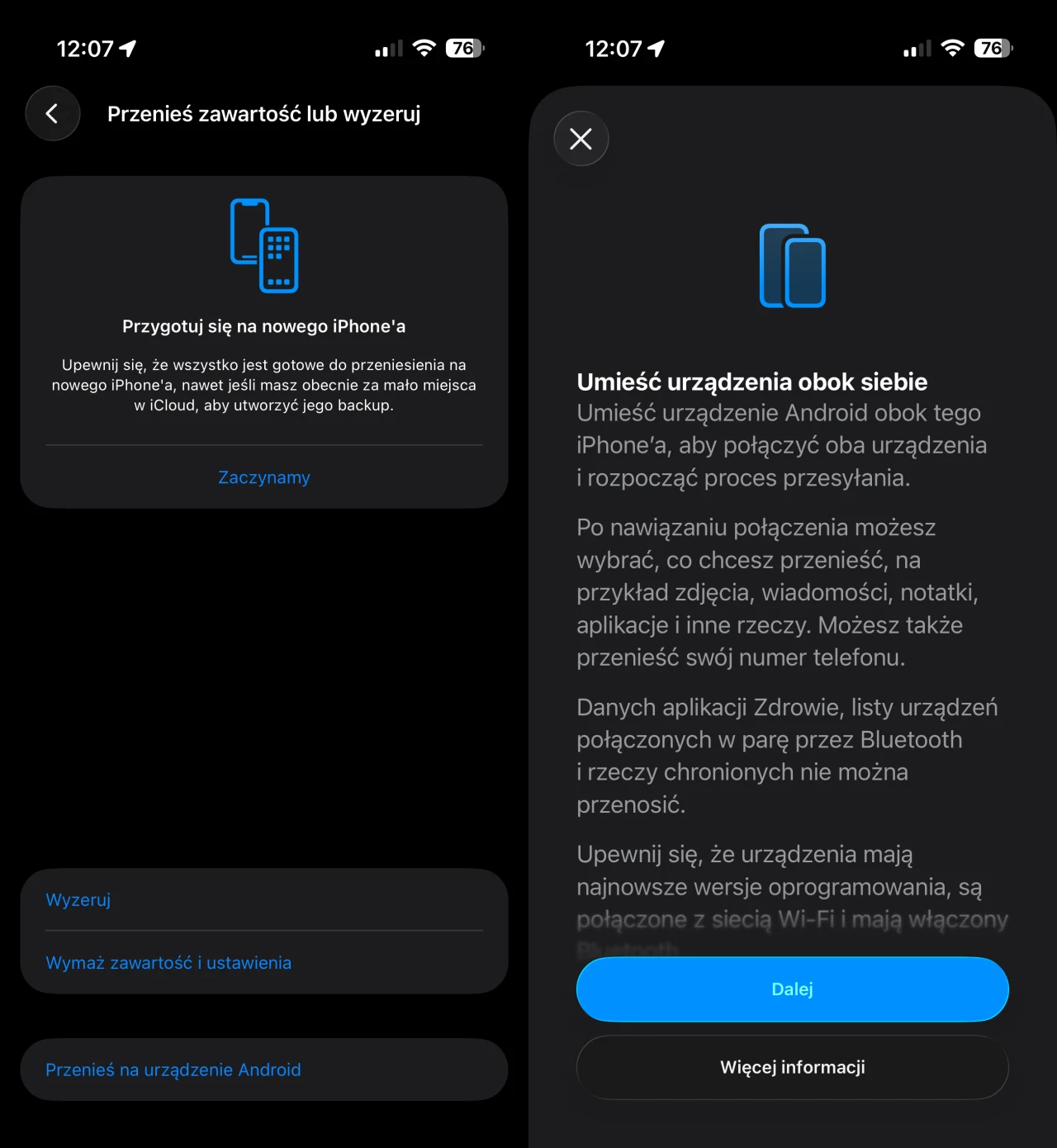 Interfejs telefonu komórkowego z instrukcjami dotyczącymi przenoszenia danych na nowego iPhone'a, wyświetlający szczegóły dotyczące przygotowania urządzenia oraz procesu transferu informacji między telefonami.