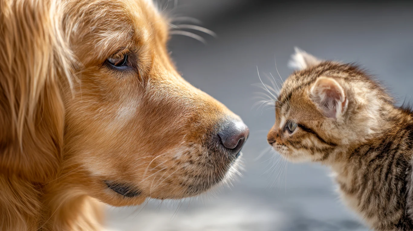 Zbliżenie pyska psa rasy golden retriever oraz kociaka patrzących sobie prosto w oczy, wyraz twarzy obu zwierząt wskazuje na zaciekawienie i delikatność.