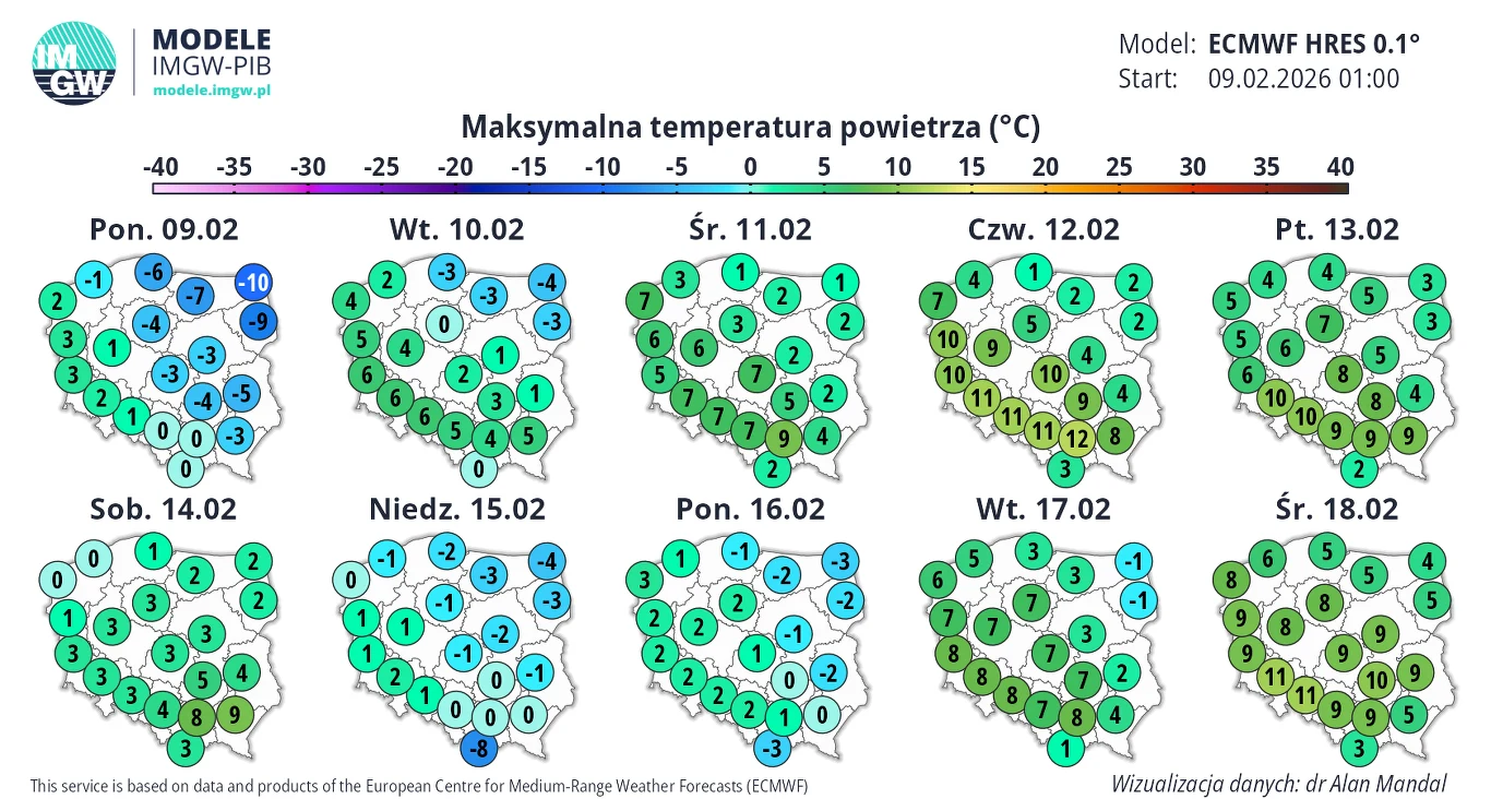 Prognoza maksymalnych temperatur powietrza w Polsce na kolejne dni lutego 2026 roku przedstawiona na mapach podzielonych na regiony z zaznaczonymi wartościami temperatury w stopniach Celsjusza. Kolorystyka map przedstawia różnice temperatur, odcienie n...