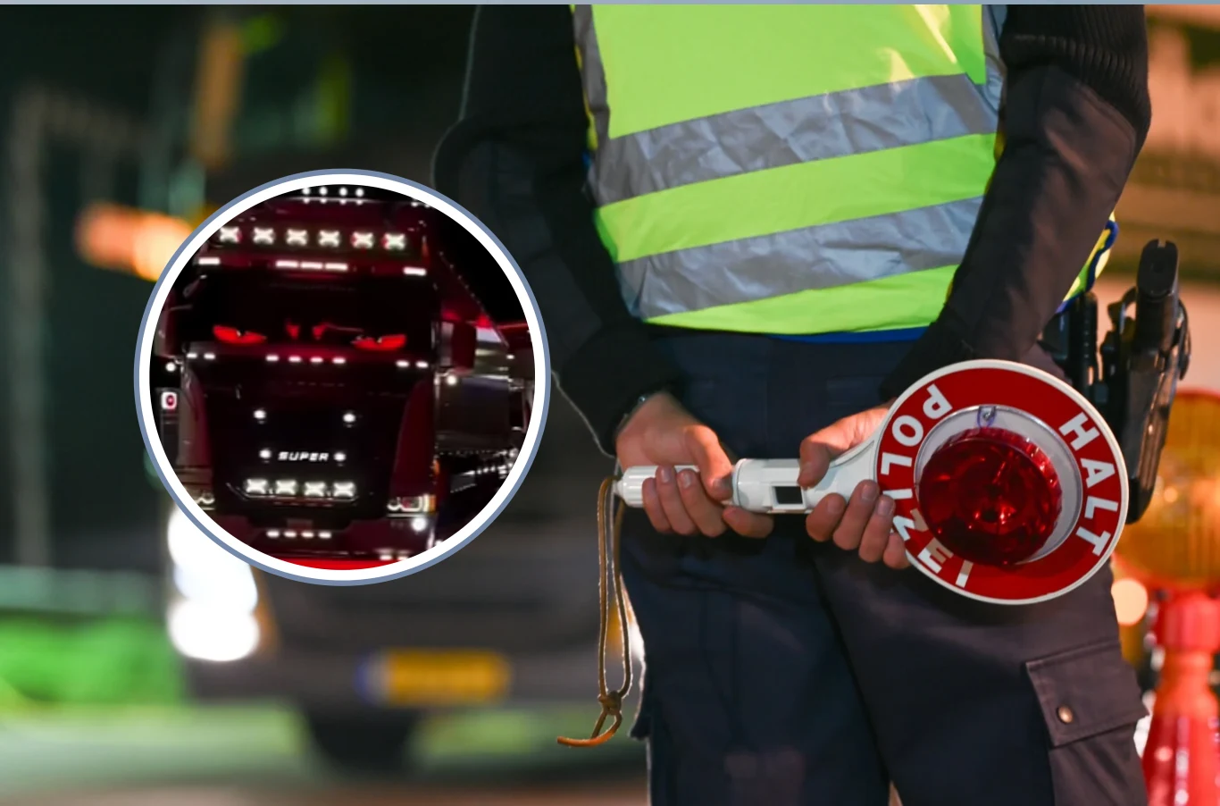 Ten gadżet kosztował go dalszą jazdę. Surowa kontrola Polaka za granicą. Policjant w kamizelce odblaskowej trzyma w rękach lizak do zatrzymywania pojazdów, w tle widoczny fragment samochodu oraz powiększone ujęcie kamery rejestrującej tablicę rejestracyjną pojazdu.