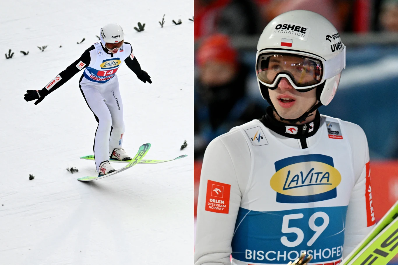 Skoki narciarskie. Kacper Tomasiak w akcji Sportowiec ubrany w kombinezon i kask do skoków narciarskich podczas lądowania na śniegu oraz w zbliżeniu z numerem startowym i nartami, otoczony przez elementy oznaczeń sponsorskich.