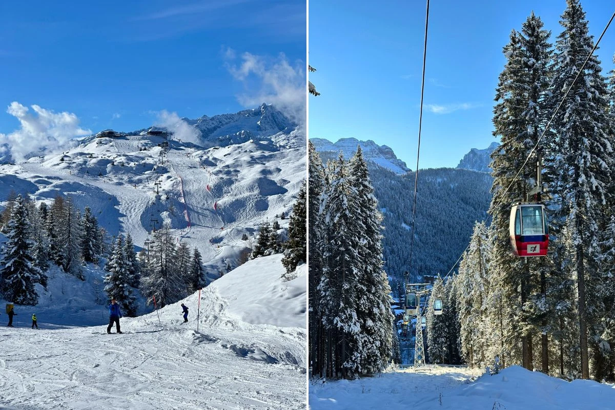 Stoki narciarskie pokryte świeżym śniegiem otoczone wysokimi drzewami, narciarze przemieszczający się po trasie oraz czerwona gondola kolejki linowej unosząca się nad zaśnieżonym lasem na tle majestatycznych gór.