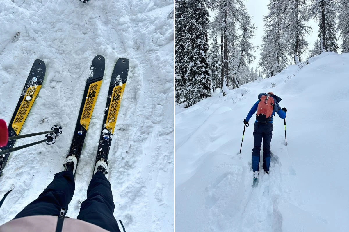 Dwie sceny zimowego wypadu: po lewej widoczne narty na śniegu wśród drzew, po prawej osoba z plecakiem idąca pod górę w głębokim śniegu z kijkami, otoczona ośnieżonymi drzewami.