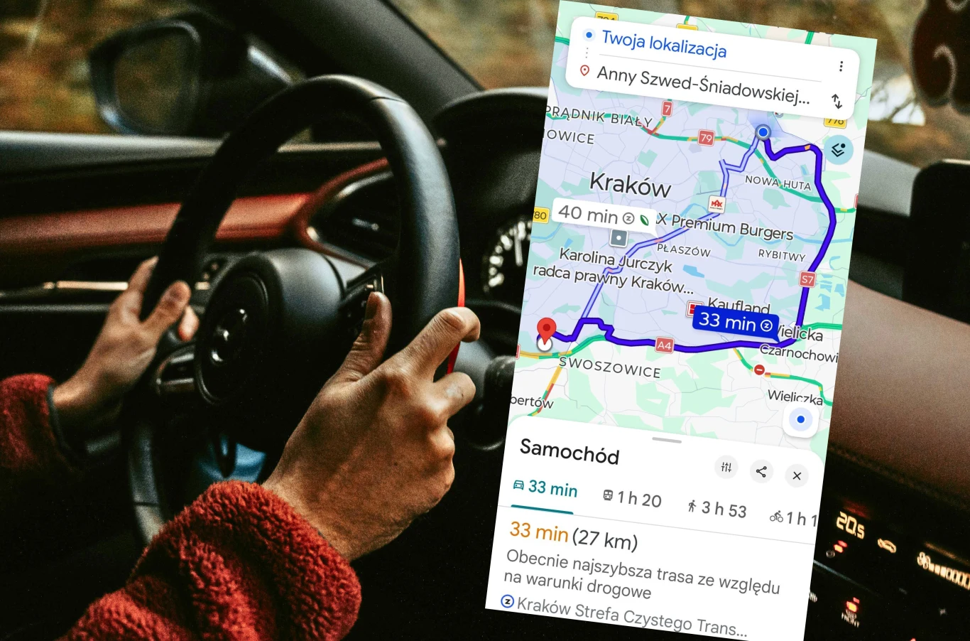 Google Maps ostrzega przed mandatami. Co oznacza litera Z? Dłonie osoby trzymającej kierownicę samochodu, nałożony ekran nawigacji GPS z trasą z punktu początkowego w Krakowie oraz czasem przejazdu i informacjami o utrudnieniach drogowych.
