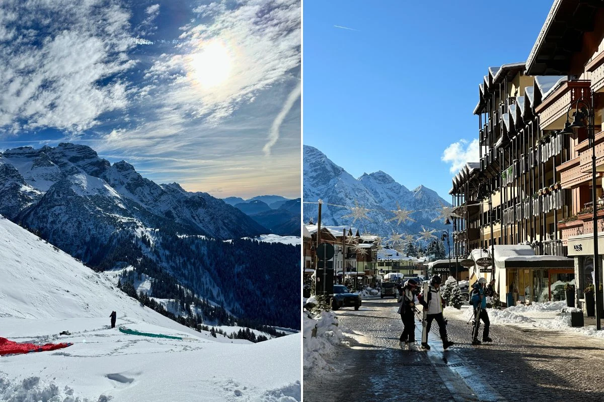 Panorama ośnieżonych gór oraz stok narciarski, połączone ze sceną ulicy w górskim miasteczku, gdzie ludzie spacerują i odpoczywają w otoczeniu drewnianych budynków z widokiem na szczyty.