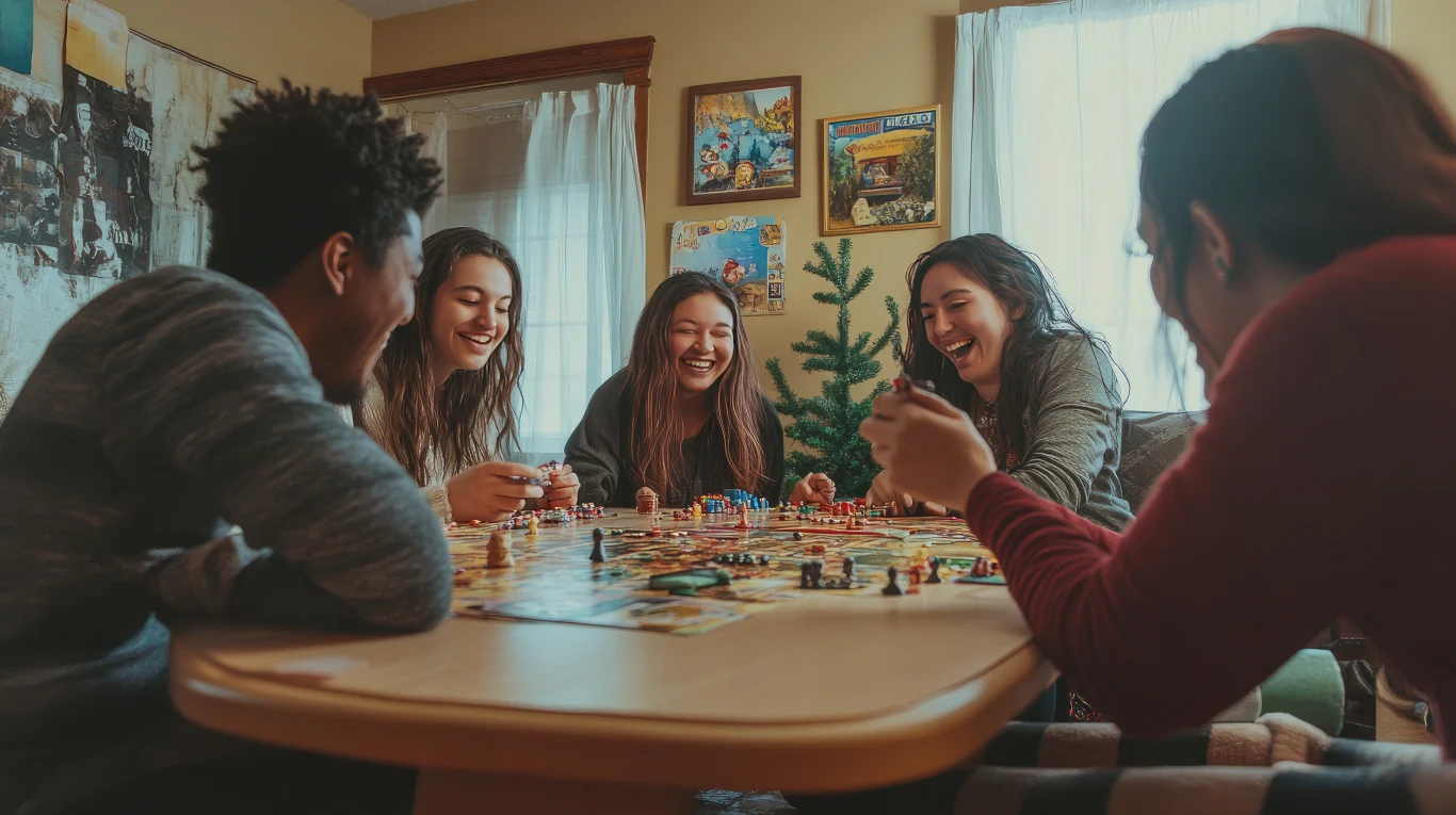 Gry planszowe - antidotum na samotność w sieci Grupa młodych osób siedzi przy stole i z entuzjazmem gra w planszówkę, śmiejąc się i rozmawiając. W tle jasne okna oraz dekoracyjne plakaty na ścianach tworzą ciepłą i przyjazną atmosferę.
