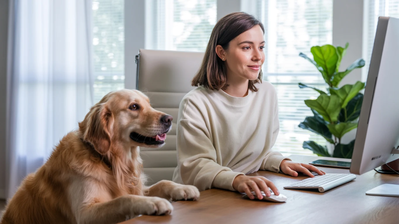 Miksowanie życia zawodowego z prywatnym staje się powoli normą. Czy sprzyja to zdrowiu czy wręcz przeciwnie? Młoda kobieta pracuje przy biurku na komputerze stacjonarnym, obok niej siedzi uśmiechnięty golden retriever. W tle jasne zasłony i duża zielona roślina doniczkowa.