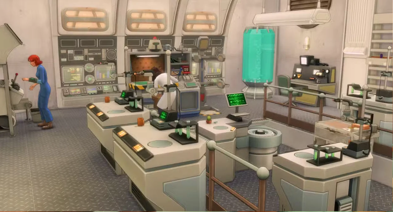 Nowoczesne laboratorium z zaawansowaną aparaturą, komputerami i urządzeniami do badań, w którym dwie osoby w uniformach pracują przy eksperymentach. Na pierwszym planie liczne stanowiska laboratoryjne, w tle duży zbiornik i szafki z przyrządami.