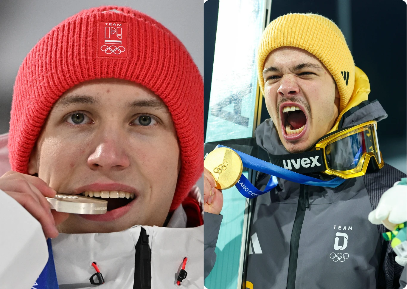 Dwóch sportowców w zimowych czapkach trzyma medale olimpijskie, jeden gryzie srebrny medal, drugi z szerokim uśmiechem prezentuje złoty medal oraz okulary narciarskie.