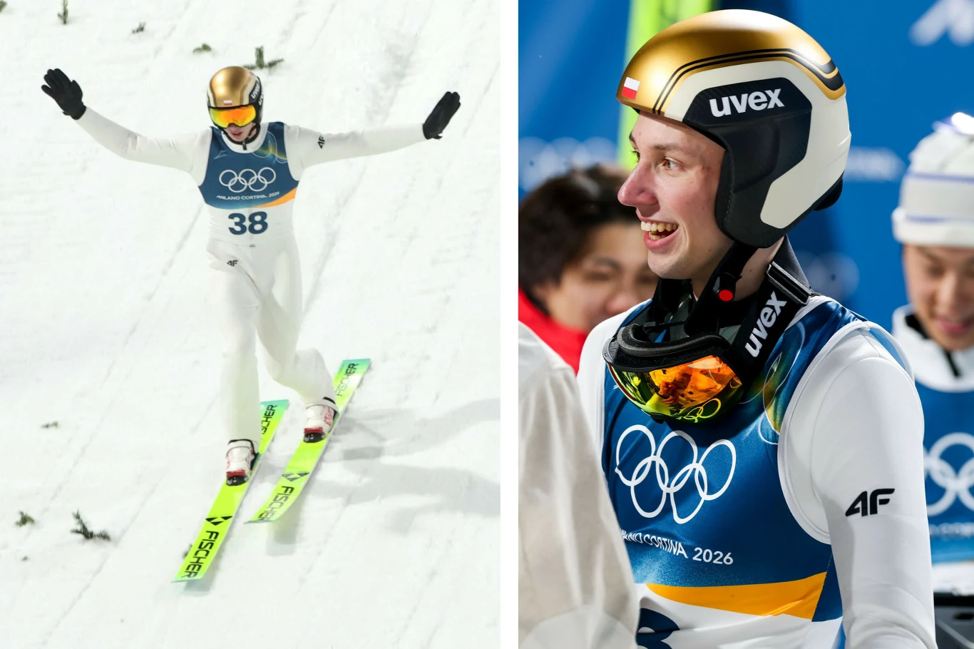 Skoczek narciarski w sportowym kombinezonie w locie na nartach podczas zimowych igrzysk olimpijskich oraz zbliżenie na zawodnika w hełmie i goglach ze złotym medalem i szerokim uśmiechem.