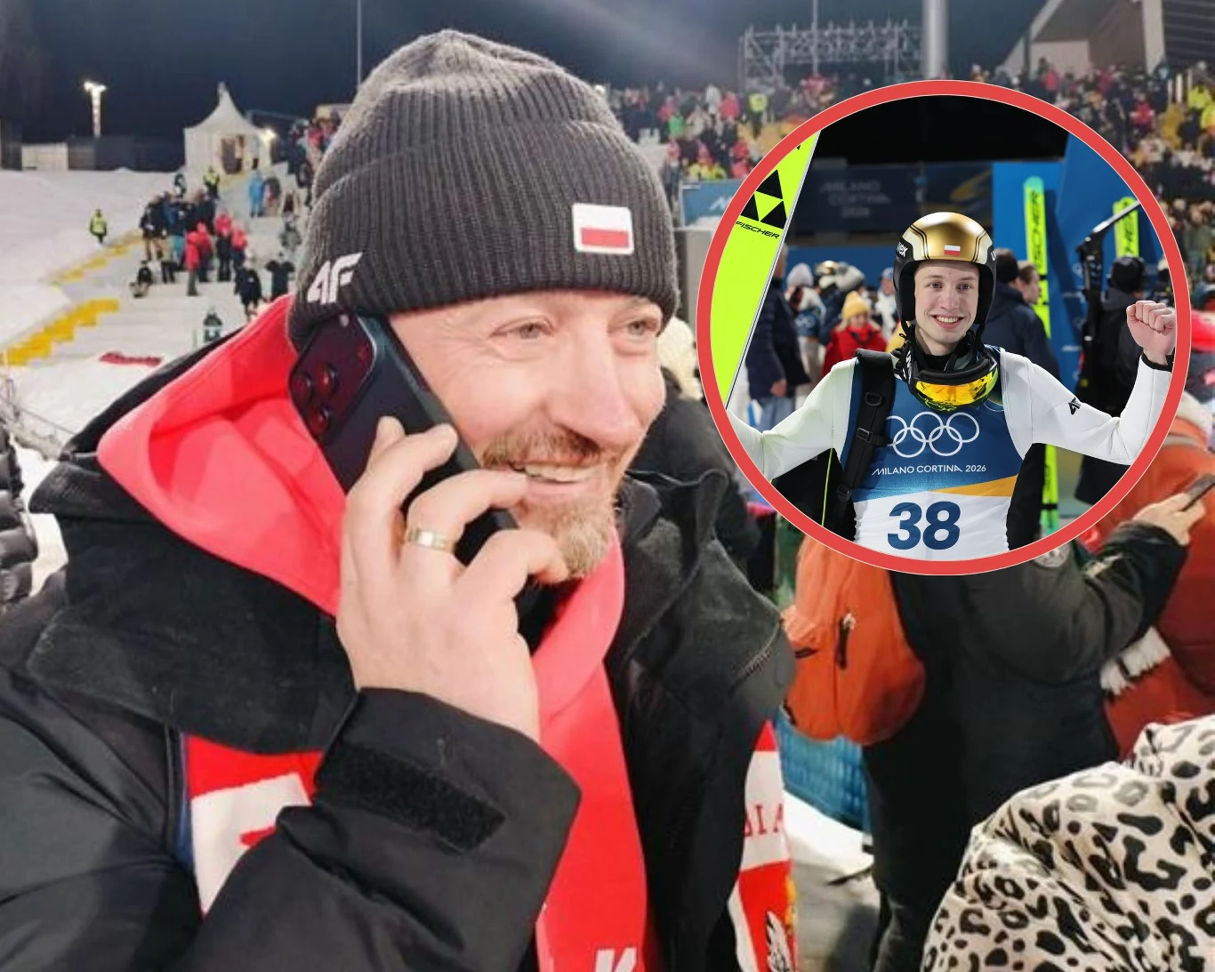 Mężczyzna ubrany w zimową czapkę z polską flagą i szalik rozmawia przez telefon, w tle widoczne trybuny ze zgromadzonymi kibicami podczas wydarzenia sportowego, w okrągłej ramce młody skoczek narciarski w złotym kasku cieszy się z triumfu, unosząc ręce...