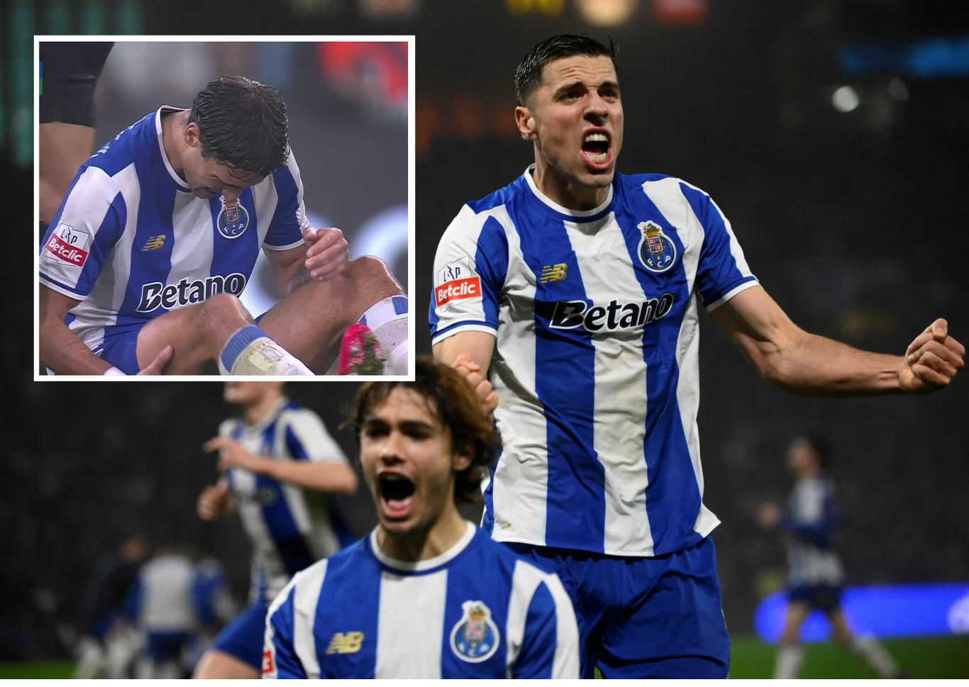 Świętujący Jan Bednarek i cierpiący Jakub Kiwior Piłkarze FC Porto w niebiesko-białych strojach świętują bramkę na boisku, a wstawka w lewym górnym rogu pokazuje zawodnika siedzącego na murawie, wyraźnie przeżywającego ból po możliwej kontuzji.