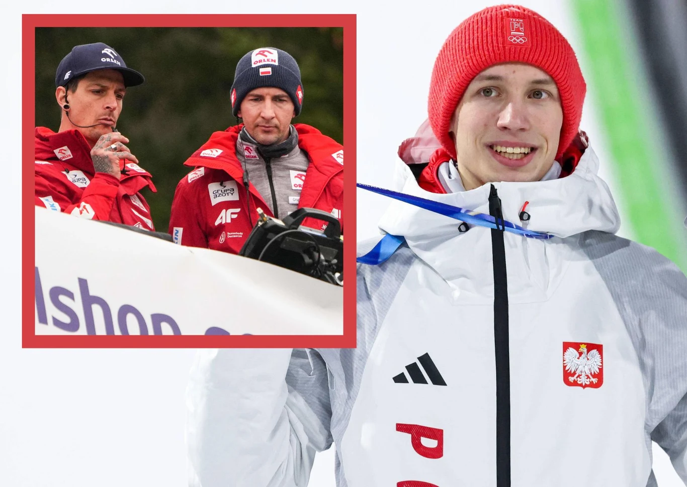 Thomas Thurnbichler i Wojciech Topór / Kacper Tomasiak Polski skoczek narciarski z medalem na szyi, ubrany w biały strój z orłem na piersi i czerwonej czapce, uśmiecha się do kamery; w ramce dwóch trenerów ubranych w czerwone kurtki z logo reprezentacji Polski uważnie obserwuje przebieg zawodów.