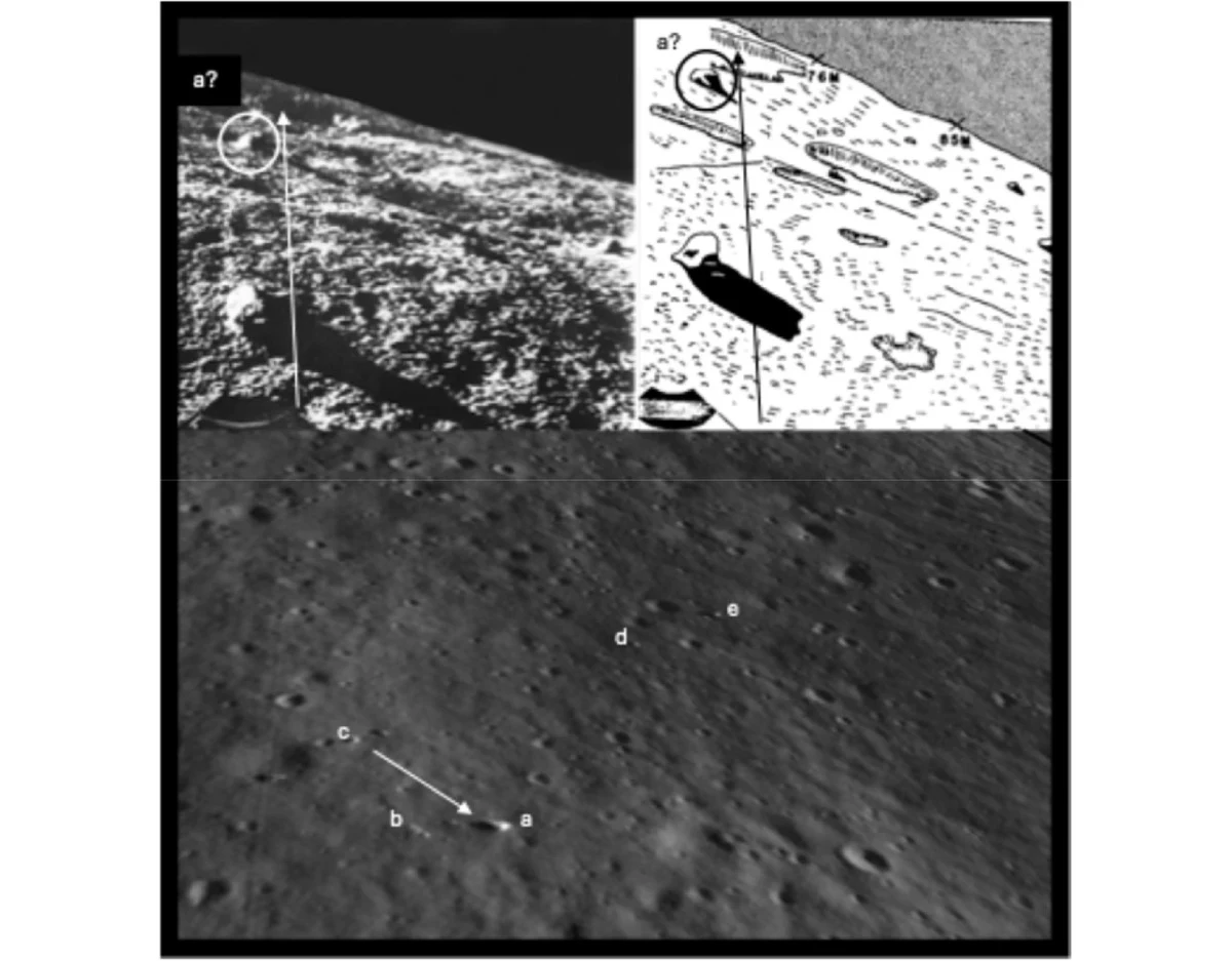 Powierzchnia Księżyca, z oznaczonymi punktami i liniami tworzącymi trajektorię; w górnej części dwa powiększone i schematyczne wycinki przedstawiają szczegóły analizowanego obszaru.