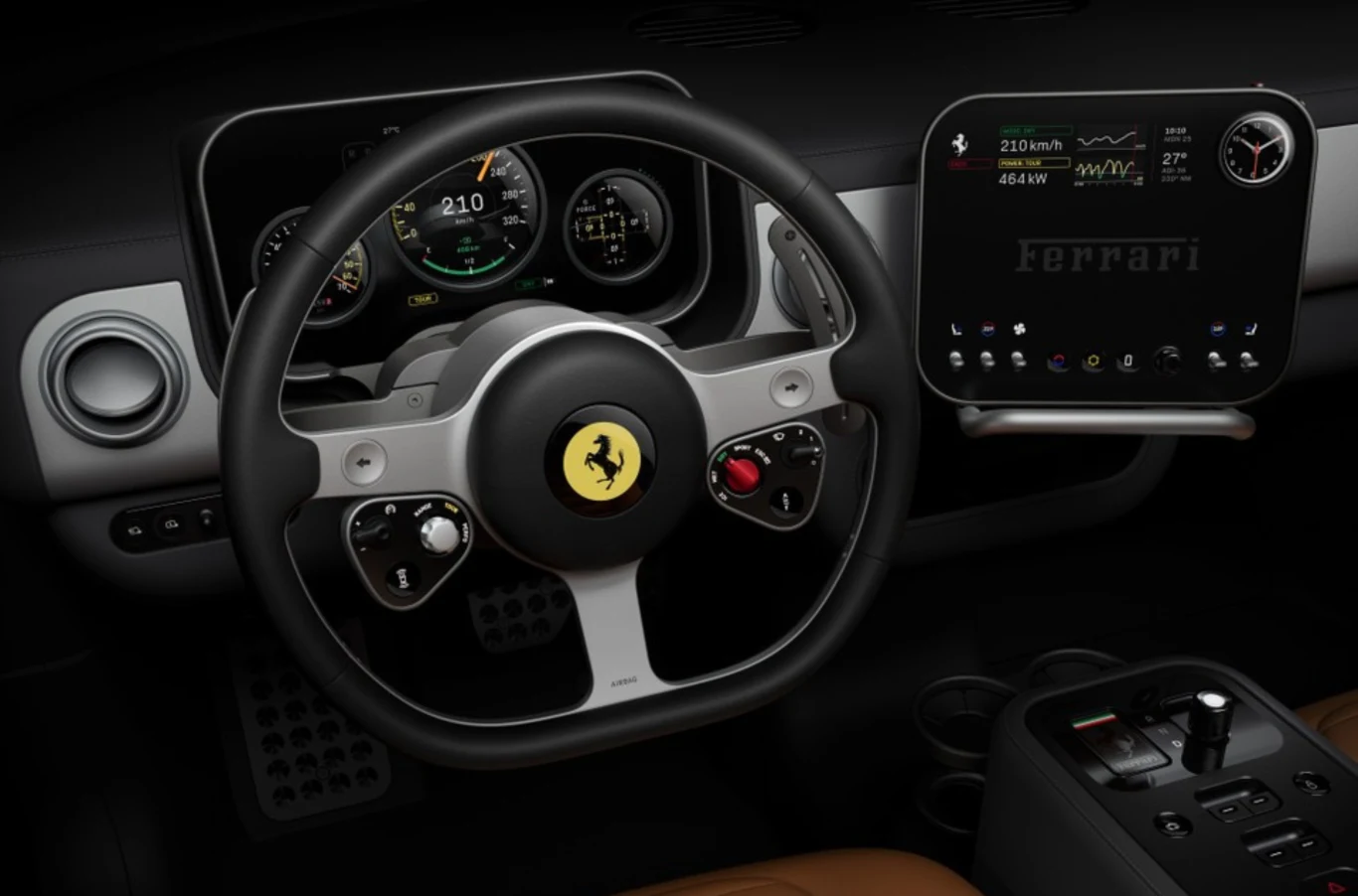 Kokpit luksusowego samochodu marki Ferrari z widoczną kierownicą, nowoczesnym, cyfrowym zestawem wskaźników oraz centralnym ekranem dotykowym, panel środkowy z dźwignią zmiany biegów i skórzanymi elementami