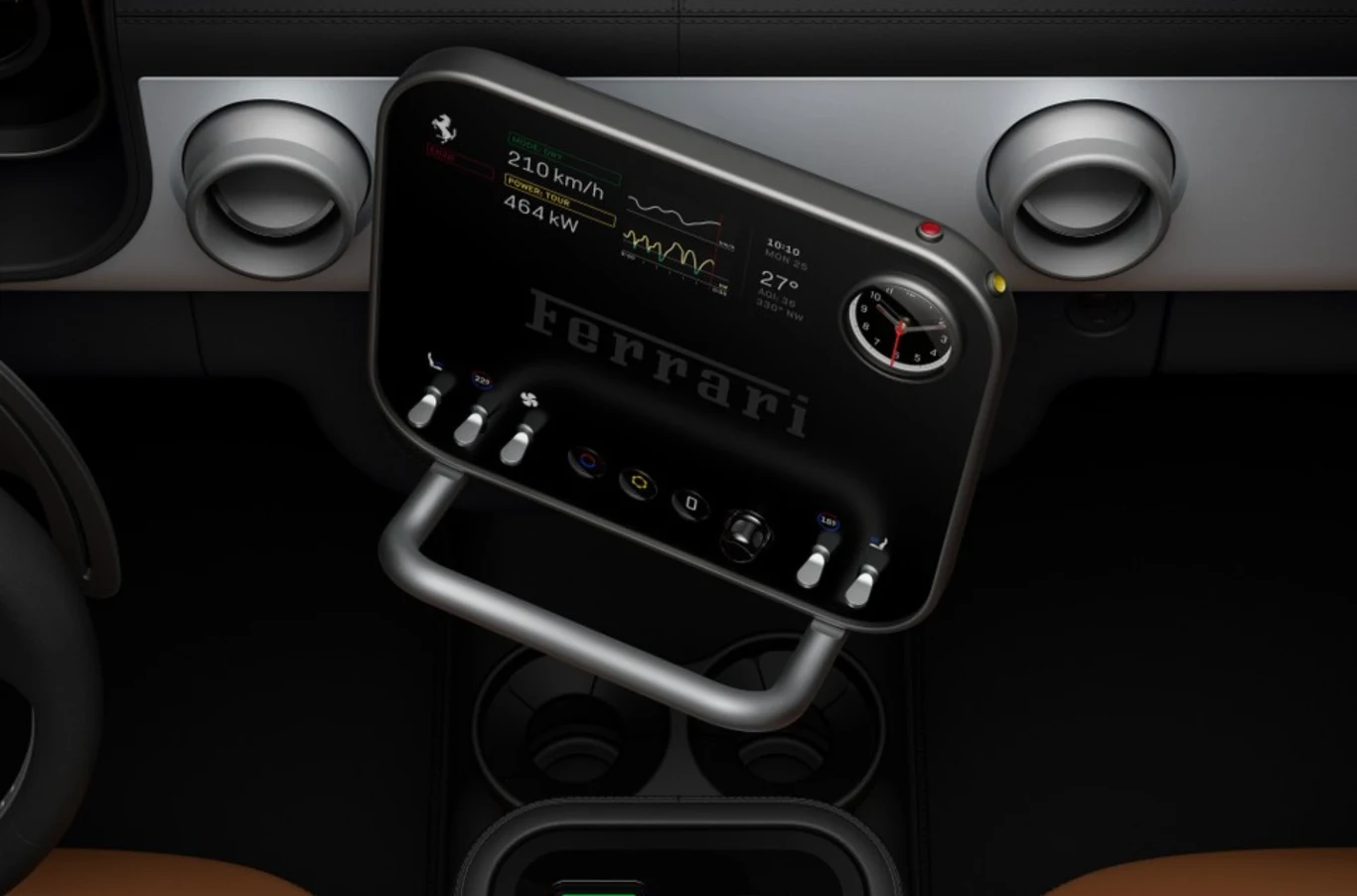 Wnętrze samochodu sportowego Ferrari z cyfrowym panelem wyświetlającym prędkość, moc oraz parametry techniczne, otoczone estetycznymi przyciskami i srebrnymi wylotami wentylacji.